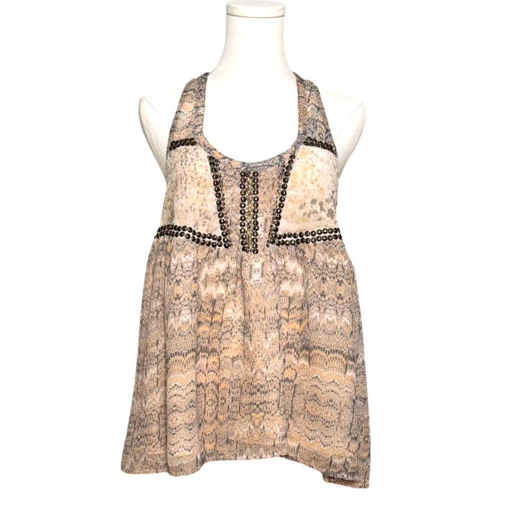 Ecote Flowy Peach Gray Watercolor Snakeskin Bronze Studded Boho Tank Top Medium